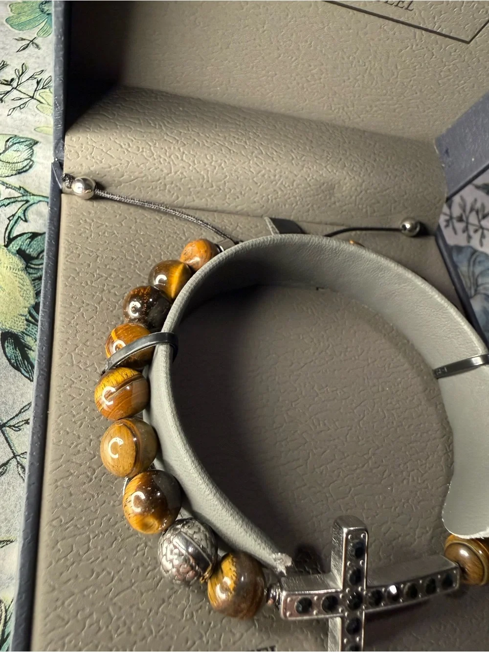 1913 Men’s Stainless Steel Crystal Cross & Tiger's Eye Bead Bracelet In Box